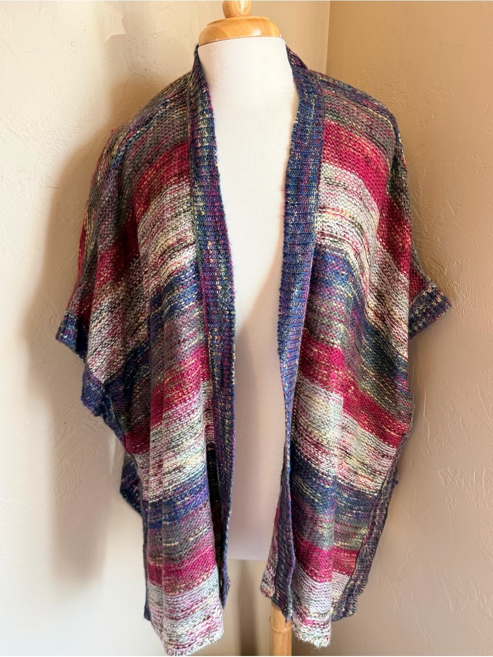 Ultra Flirt Multicolor Open-Front Knit Poncho - Pink, Blue, Cream